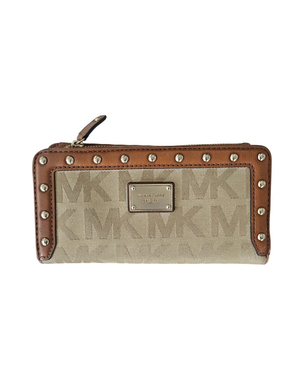 Michael Kors Logo Jacquard Zip Wallet in Beige and Brown